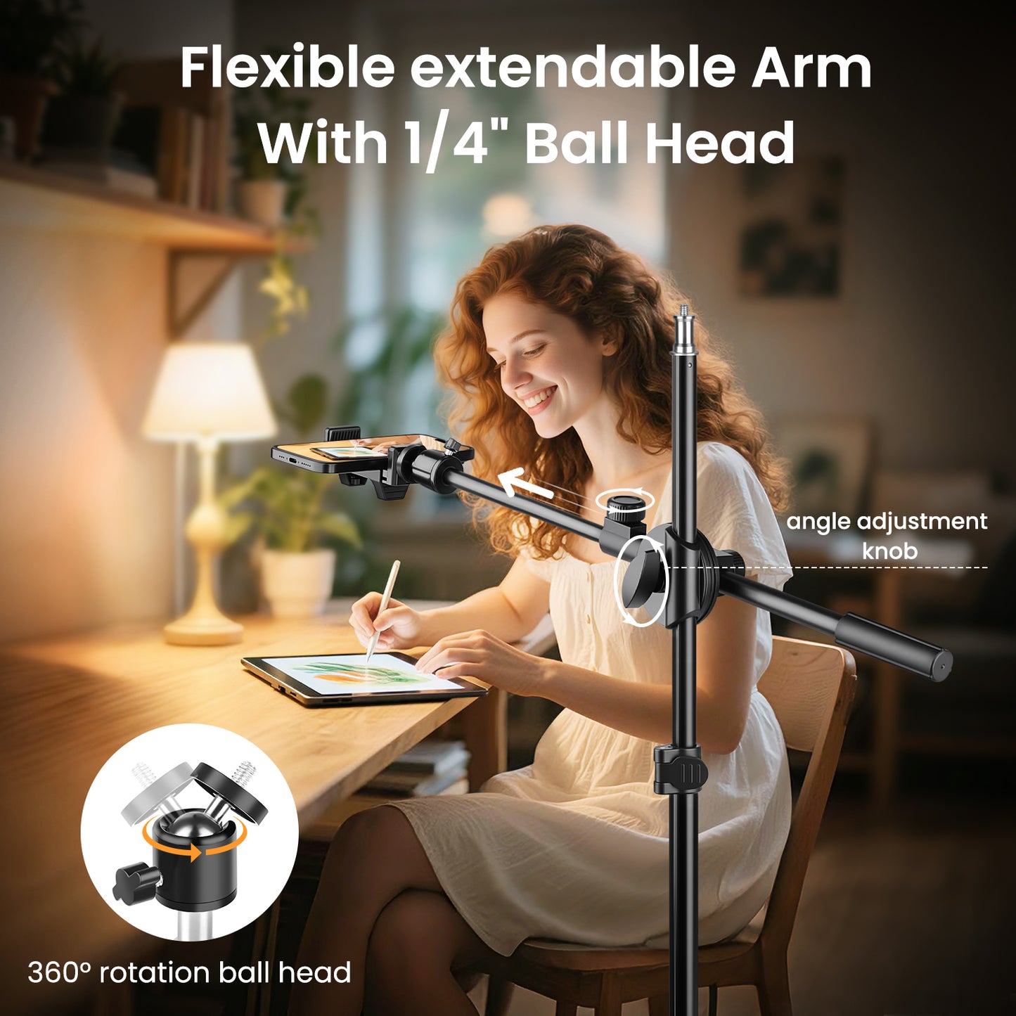 Nineigh 85'' Tall Phone Tripod, Portable Tripod for iPhone with Extendable Arm & Remote, Overhead Mobile Phone Stand for Filming, Compatible with Smartphone/Small Camera/Ring Light