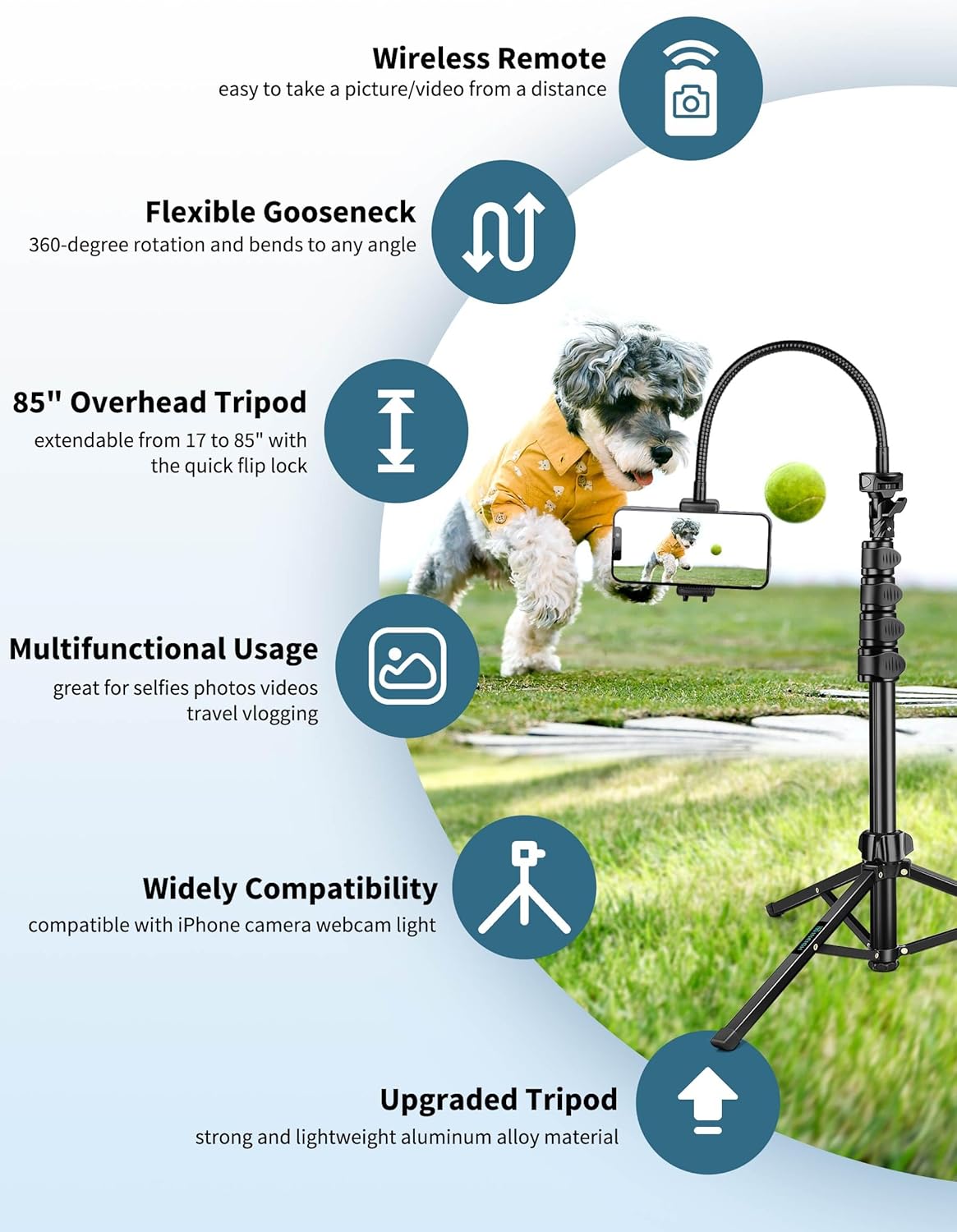 Phone Tripod, 85" Tripod for Cell Phone iPhone with Gooseneck, Aluminum Tripods Stand for Video Recording Photo Vlog, Travel Cellphone Tripod with Remote Compatible with iPhone Android（US）