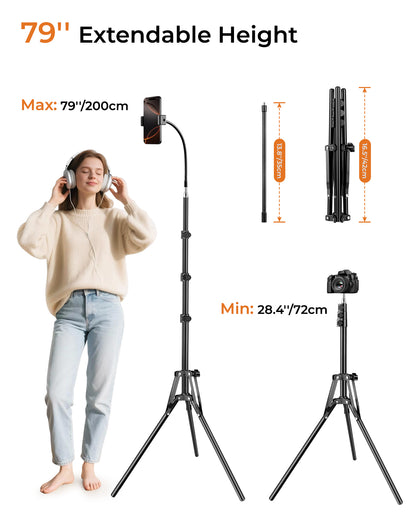 79" Tall Tripod for Smarhone, Mobile Phone Tripod with Flexible Gooseneck & Remote, Reverse Folding iPhone Stand for Filming, Compatible with Camera/Ring Light/Small Softbox(EU