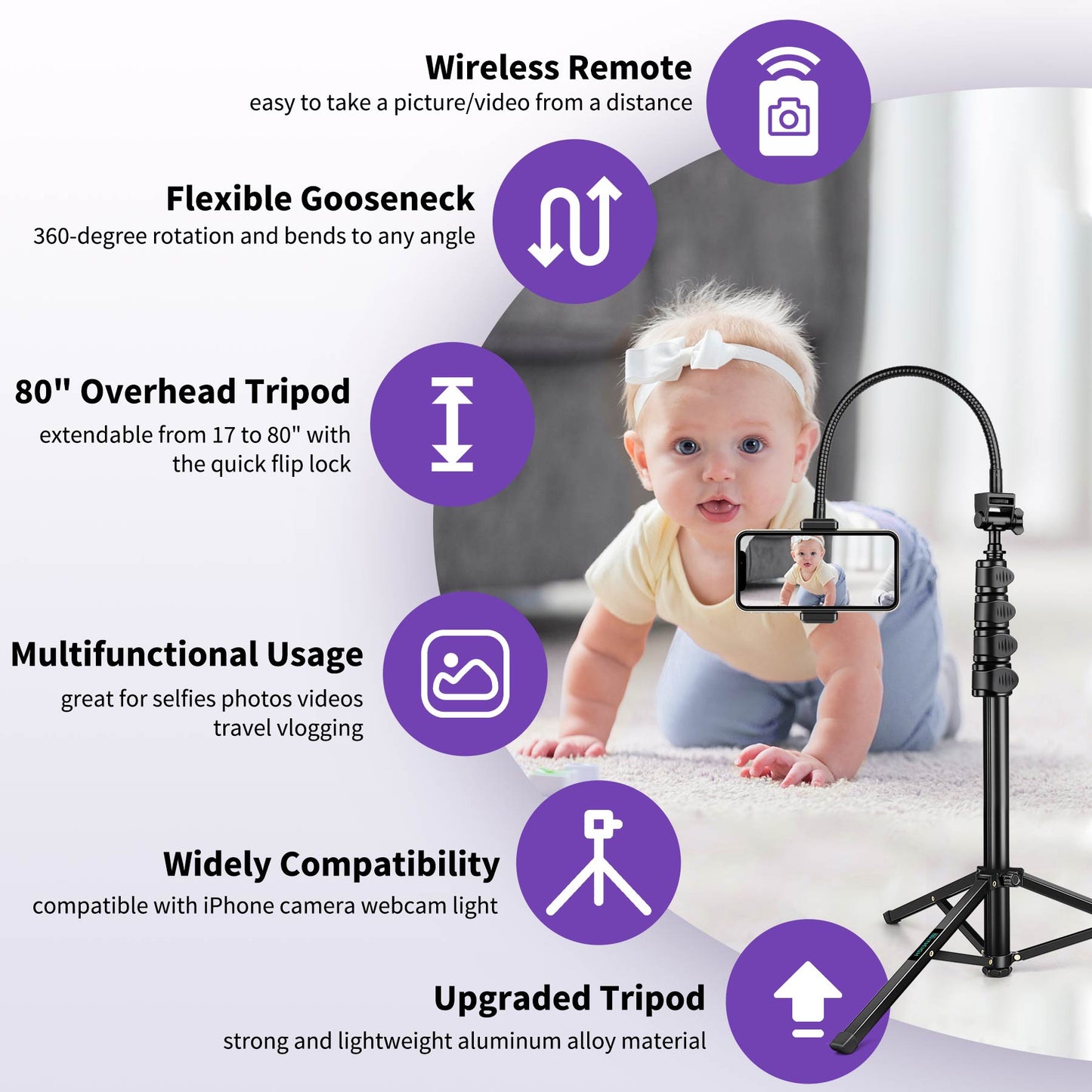 80" Phone Tripod, Selfie Stick Cellphone Tripod, Aluminum Tripods Stand for Video Photo Vlog, Travel Tripods with Gooseneck Remote Phone Holder, Compatible with iPhone Android Smartphone(US)