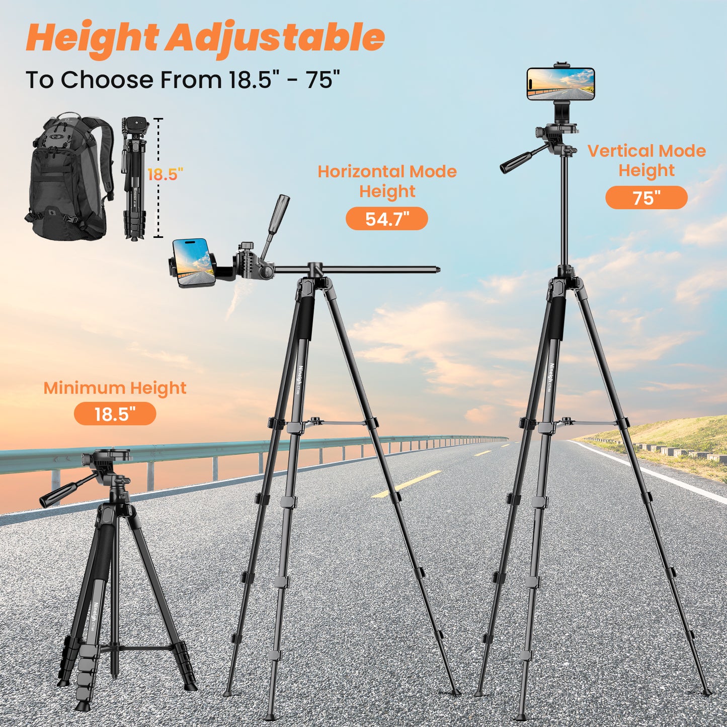Camera Phone Tripod, 75'' Lightweight DSLR Camera Stand with 3 Way Pan Head, Horizontal Tripod for Smartphone with Remote and Carry Bag for Travel Video Photography YouTube Vlog(EU