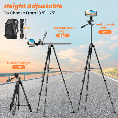 Camera Phone Tripod, 75'' Lightweight DSLR Camera Stand with 3 Way Pan Head, Horizontal Tripod for Smartphone with Remote and Carry Bag for Travel Video Photography YouTube Vlog(EU