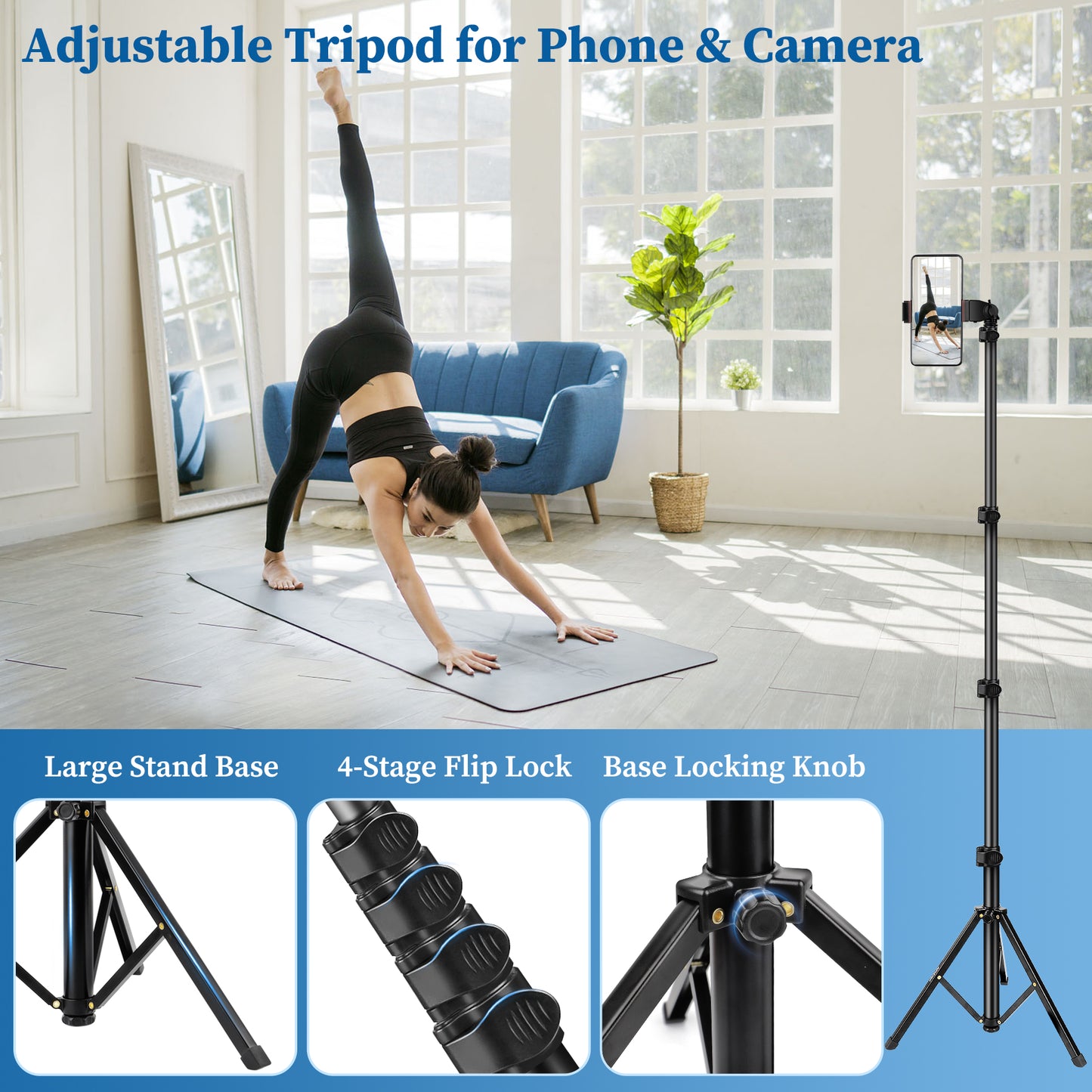 Phone Tripod, 70" Selfie Stick Tripod Stand Cell Phone Tripods with Remote Phone Holder Carry Bag, Aluminum Alloy Selfie Stick Tripods, Compatible with iPhone Samsung GoPro Smartphone(US)