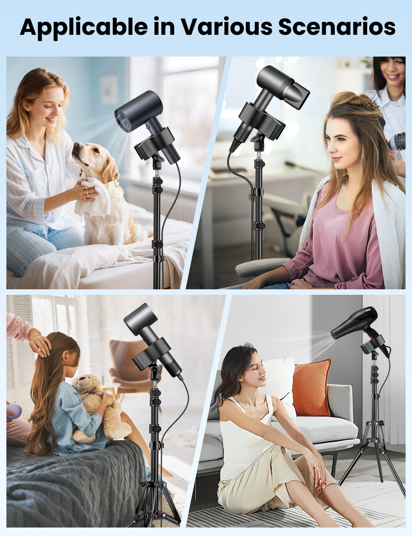 Hair Dryer Stand Hands Free, 20-63 Inch Adjustable Hair Dryer Holder with Tripod & Universal Clip, Blow Dryer Stand for Bathroom Salon Home, Perfect for Long Hair & Stylists(US)