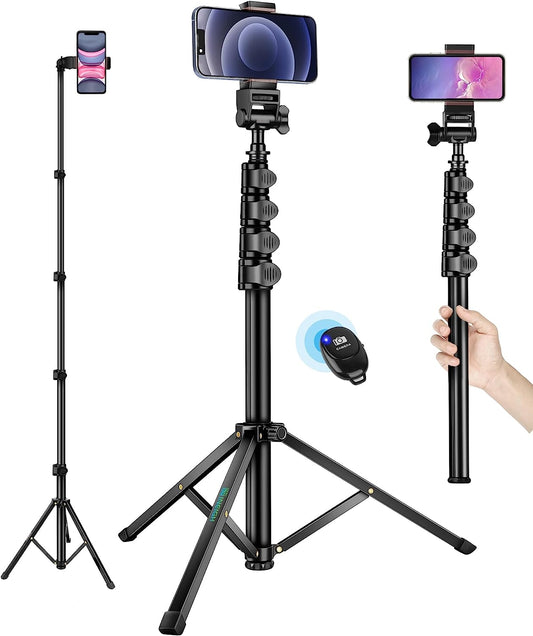 Phone Tripod Selfie Stick Tripods, 70" Cell Phone Tripod Stand with Remote/Phone Holder/Carry Bag, Aluminum Alloy Selfie Stick Tripod, Compatible with iPhone/Samsung/GoPro/Smartphone(USA)