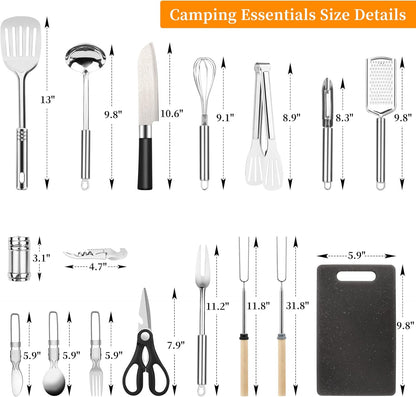 Camping Cooking Utensils Set, Stainless Steel Grill Tools, Camping BBQ Cookware Gear and Equipment for Travel Tenting RV Van Picnic Portable Kitchen Essentials Accessories(US)