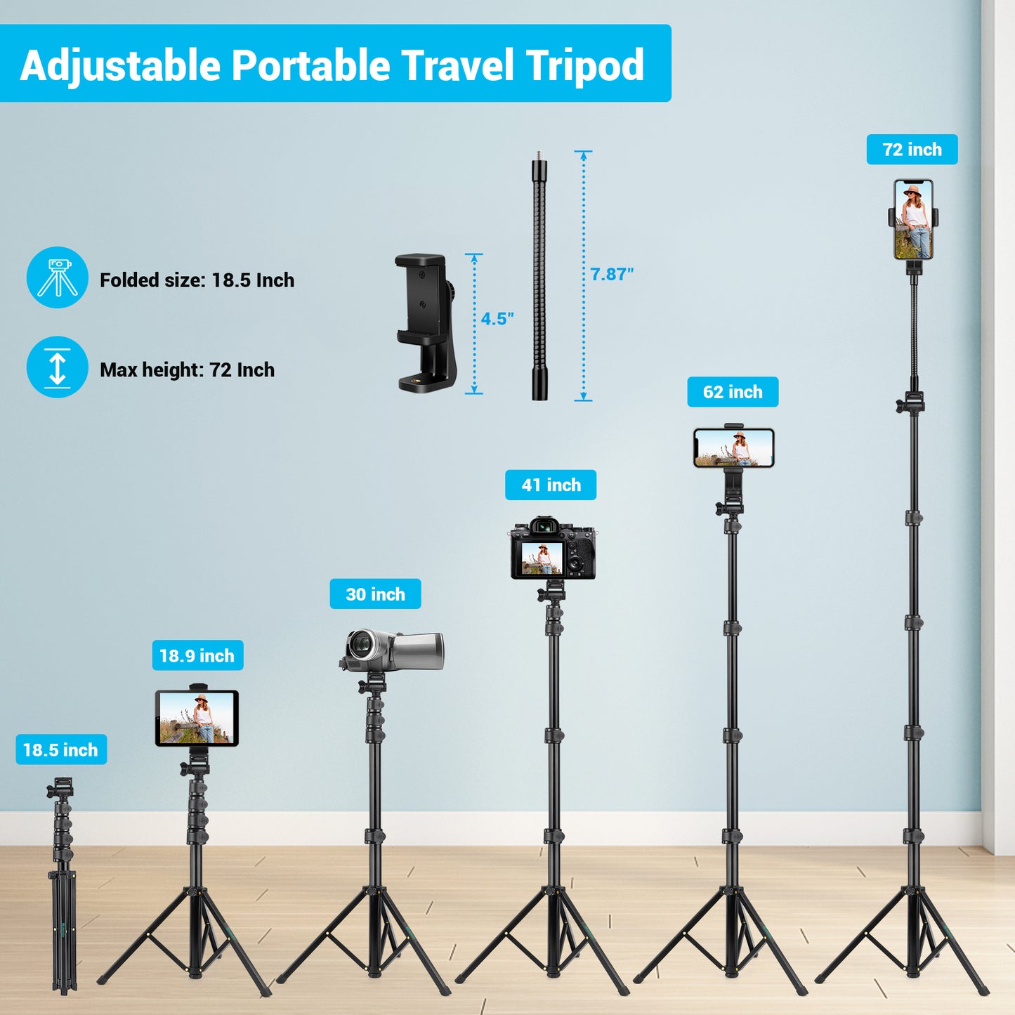 Nineigh Phone Tripod Stand, 72" Selfie Stick Tripod Portable Travel Tripods, Aluminum Hose Phone Stand Tripod for Video Recording Photo Vlog Compatible with iPhone Plus iPad Cellphone Cameras(USA)