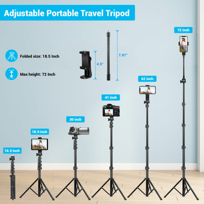Nineigh Phone Tripod Stand, 72" Selfie Stick Tripod Portable Travel Tripods, Aluminum Hose Phone Stand Tripod for Video Recording Photo Vlog Compatible with iPhone Plus iPad Cellphone Cameras(USA)