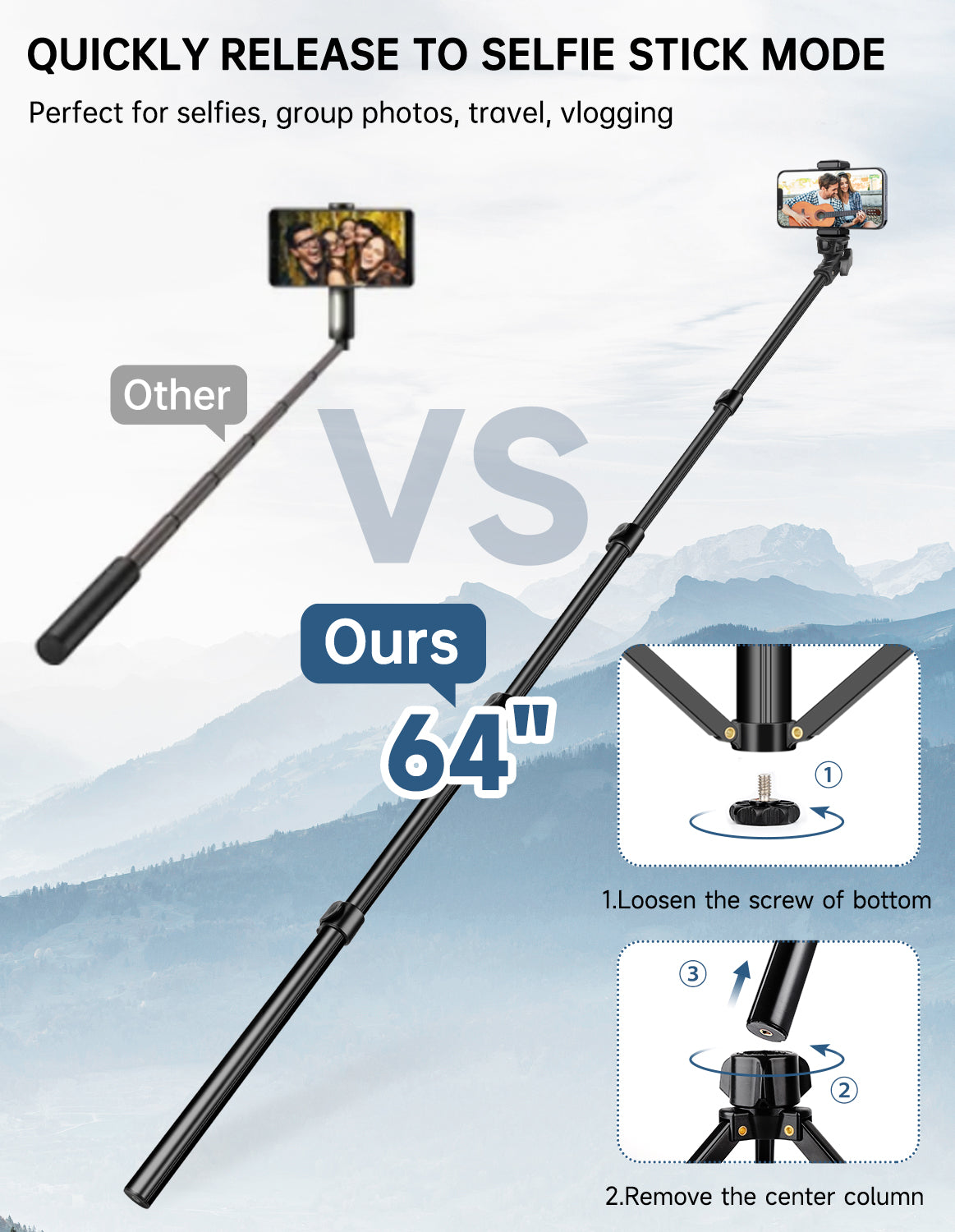 Nineigh Phone Tripod Stand, 71'' Extendable Selfie Stick Tripod for iPhone, Lightweight Mobile Phone stand for Filming with Remote, Compatible with Samsung Huawei Small Camera（EU）