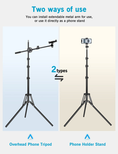 Overhead Tripod for iPhone, 64" Phone Tripod Stand with 25" Long Extendable Arm & Remote, 360° Rotating Overhead Phone Mount for Video Recording, Live Streaming, Cooking（US）