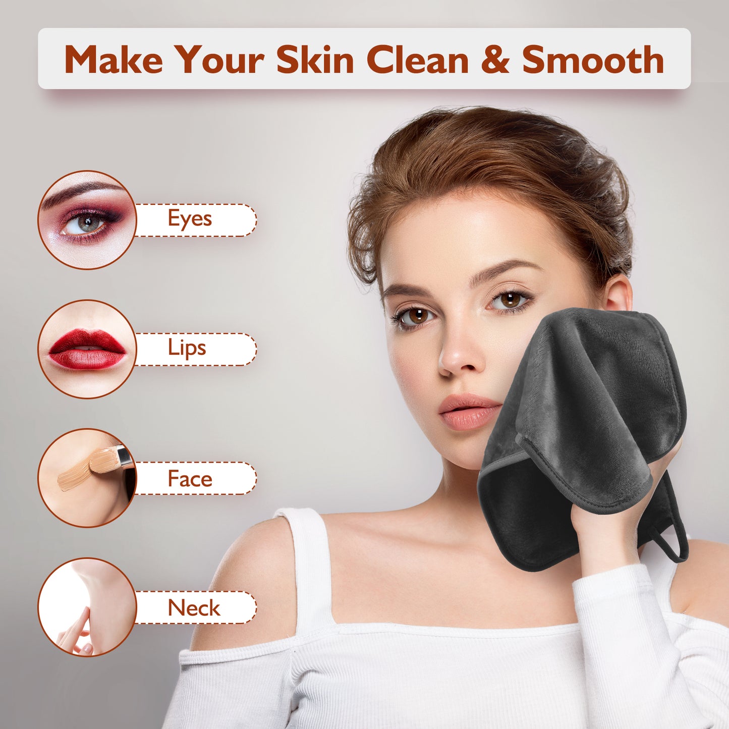 Makeup Remover Cloth, Microfiber Flannel Face Cloth 6pcs Reusable Facial Cleansing Cloth for All Skin Types Make Up Removing(20x40 cm, Grey（EU）