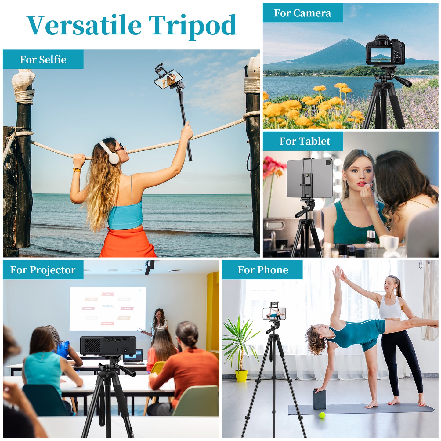 Camera Tripod 65" Phone Tripod Stand for Recording Wireless Remote Selfie Stick, Travel Tripod Camera Phone Tablet for Video Recording Selfies Vlog, Compatible with iPhone Android iPad Camera(USA)