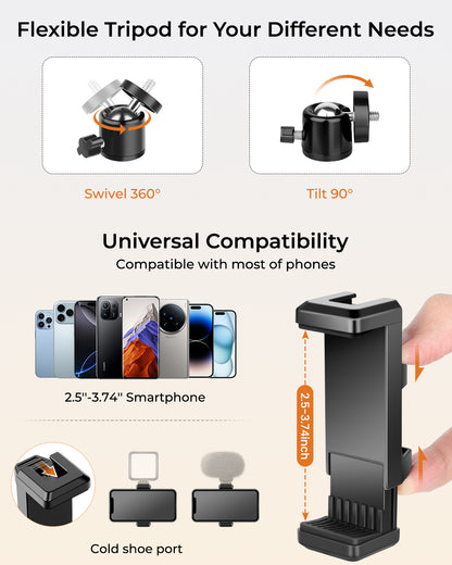 79" Tall Tripod for Smarhone, Mobile Phone Tripod with Flexible Gooseneck & Remote, Reverse Folding iPhone Stand for Filming, Compatible with Camera/Ring Light/Small Softbox(EU