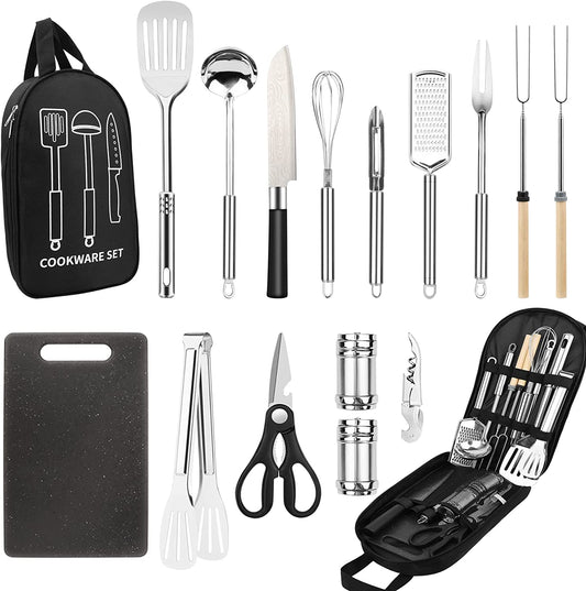 Camping Cooking Utensils Set, Stainless Steel Grill Tools, Camping BBQ Cookware Gear and Equipment for Travel Tenting RV Van Picnic Portable Kitchen Essentials Accessories(USA)