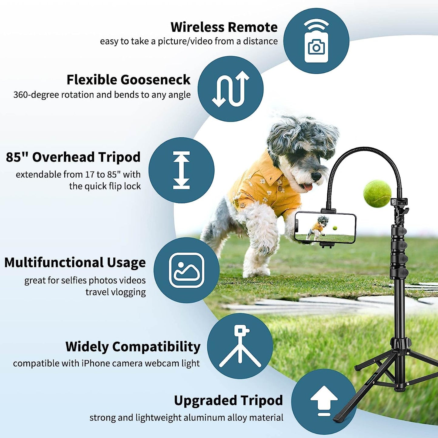 Selfie Stick Tripod, 85" Phone Tripod, Aluminum Tripod Stand for Video Recording Photo Vlog, Travel Cell Phone Tripod with Gooseneck/Remote/Phone Holder, Compatible with iPhone Android Smartphone(USA)