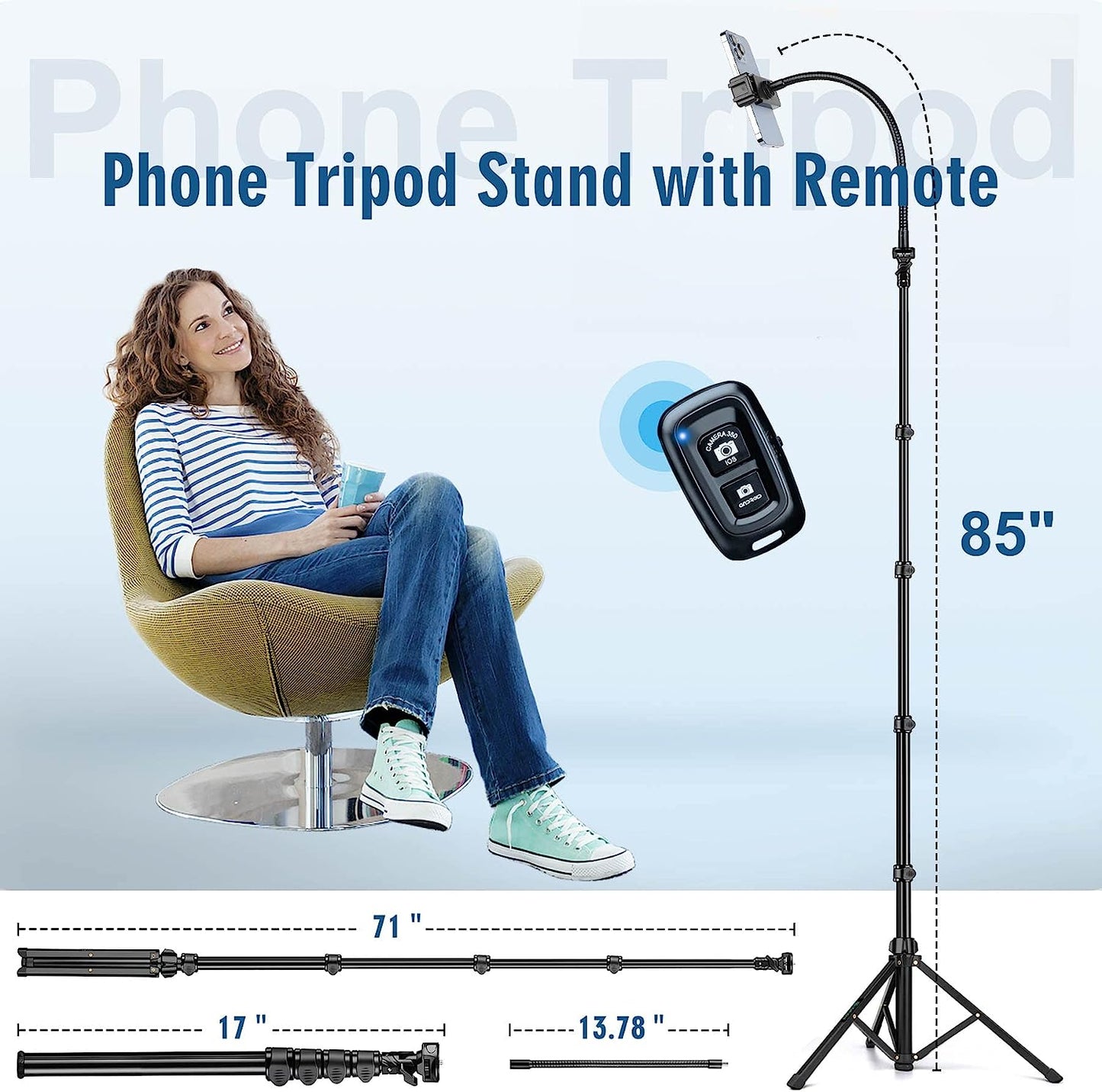 Selfie Stick Tripod, 85" Phone Tripod, Aluminum Tripod Stand for Video Recording Photo Vlog, Travel Cell Phone Tripod with Gooseneck/Remote/Phone Holder, Compatible with iPhone Android Smartphone(USA)