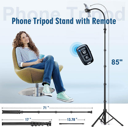 Selfie Stick Tripod, 85" Phone Tripod, Aluminum Tripod Stand for Video Recording Photo Vlog, Travel Cell Phone Tripod with Gooseneck/Remote/Phone Holder, Compatible with iPhone Android Smartphone(USA)