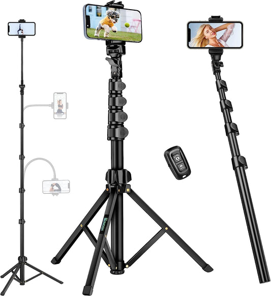 Selfie Stick Tripod, 85" Phone Tripod, Aluminum Tripod Stand for Video Recording Photo Vlog, Travel Cell Phone Tripod with Gooseneck/Remote/Phone Holder, Compatible with iPhone Android Smartphone(USA)
