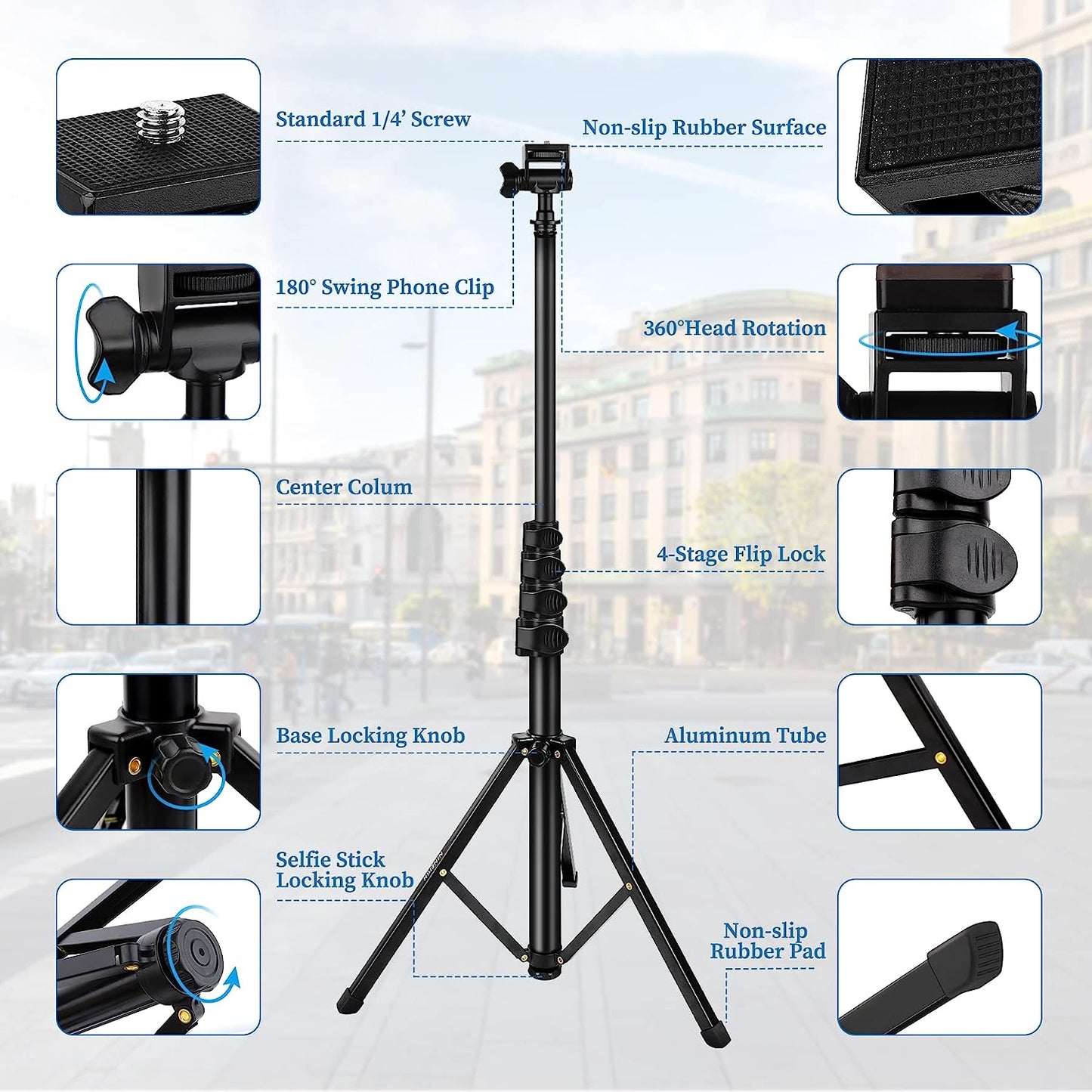 Phone Tripod Selfie Stick Tripods, 70" Cell Phone Tripod Stand with Remote/Phone Holder/Carry Bag, Aluminum Alloy Selfie Stick Tripod, Compatible with iPhone/Samsung/GoPro/Smartphone(USA)
