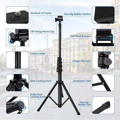 Phone Tripod Selfie Stick Tripods, 70" Cell Phone Tripod Stand with Remote/Phone Holder/Carry Bag, Aluminum Alloy Selfie Stick Tripod, Compatible with iPhone/Samsung/GoPro/Smartphone(USA)