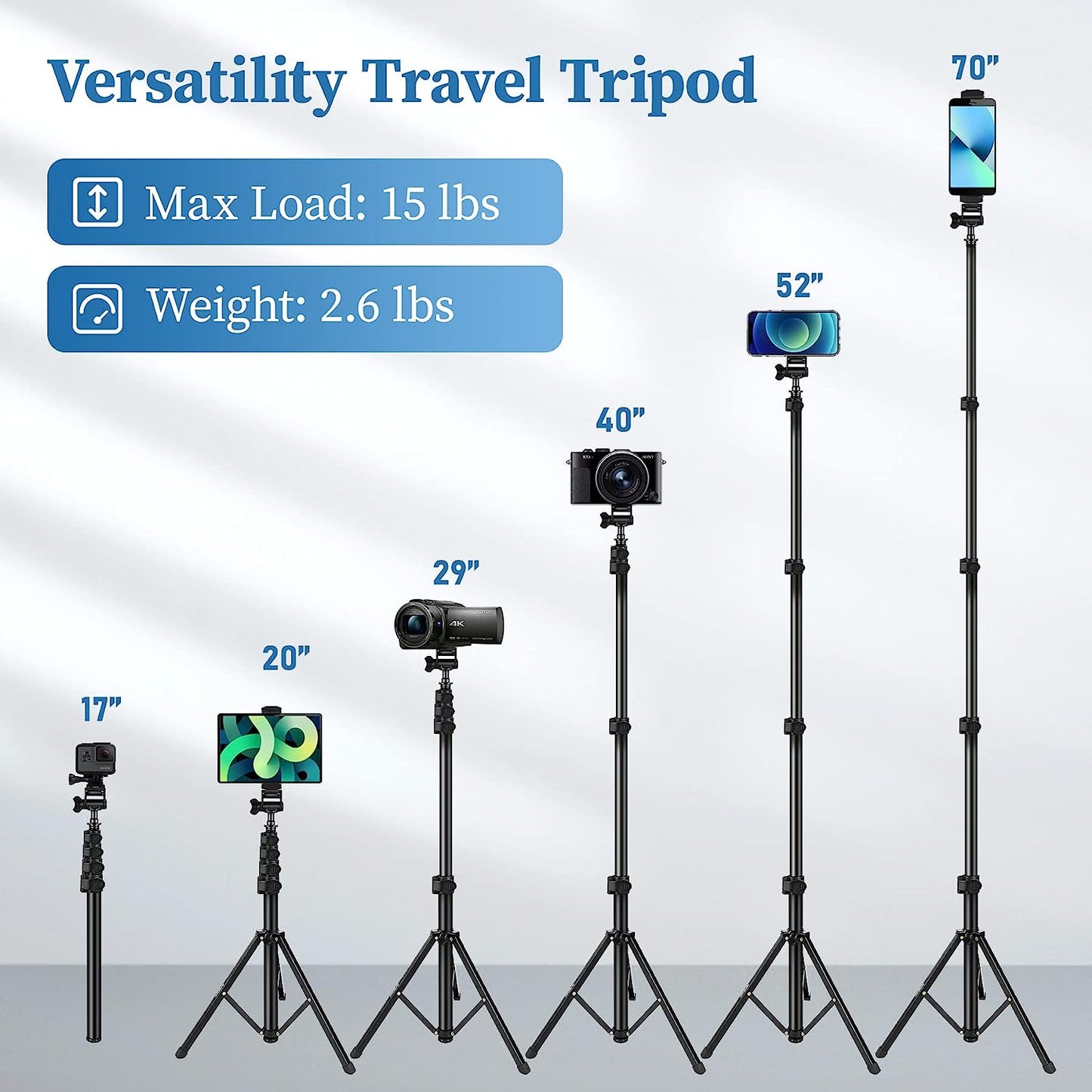 Phone Tripod Selfie Stick Tripods, 70" Cell Phone Tripod Stand with Remote/Phone Holder/Carry Bag, Aluminum Alloy Selfie Stick Tripod, Compatible with iPhone/Samsung/GoPro/Smartphone(USA)