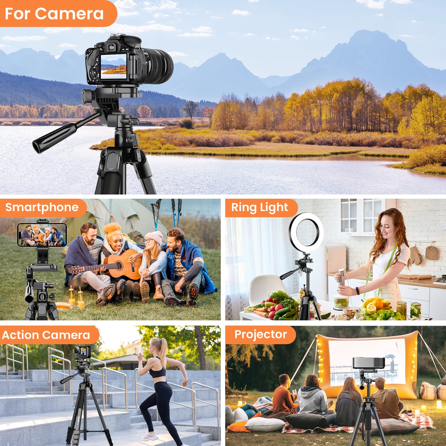 Camera Phone Tripod, 75'' Lightweight DSLR Camera Stand with 3 Way Pan Head, Horizontal Tripod for Smartphone with Remote and Carry Bag for Travel Video Photography YouTube Vlog(EU