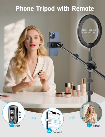 Overhead Tripod for iPhone, 64" Phone Tripod Stand with 25" Long Extendable Arm & Remote, 360° Rotating Overhead Phone Mount for Video Recording, Live Streaming, Cooking（US）