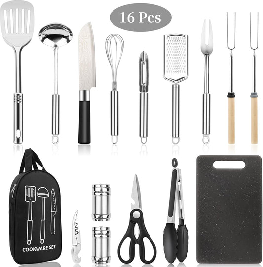 Camping Cooking Utensils Set, Stainless Steel Grill Tools, Camping BBQ Cookware Gear and Equipment for Travel Tenting RV Van Picnic Portable Kitchen Essentials Accessories（US）