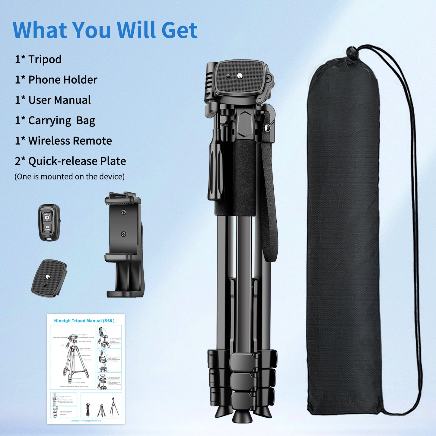 Nineigh Tripod for iPhone, 68" Mobile Phone Tripod Stand with Remote, Lightweight and Extendable Travel Tripod for Smartphone/ Small Camera(EU)