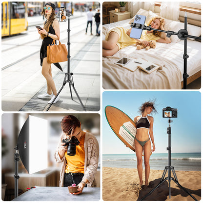 Nineigh 85'' Tall Phone Tripod, Portable Tripod for iPhone with Extendable Arm & Remote, Overhead Mobile Phone Stand for Filming, Compatible with Smartphone/Small Camera/Ring Light