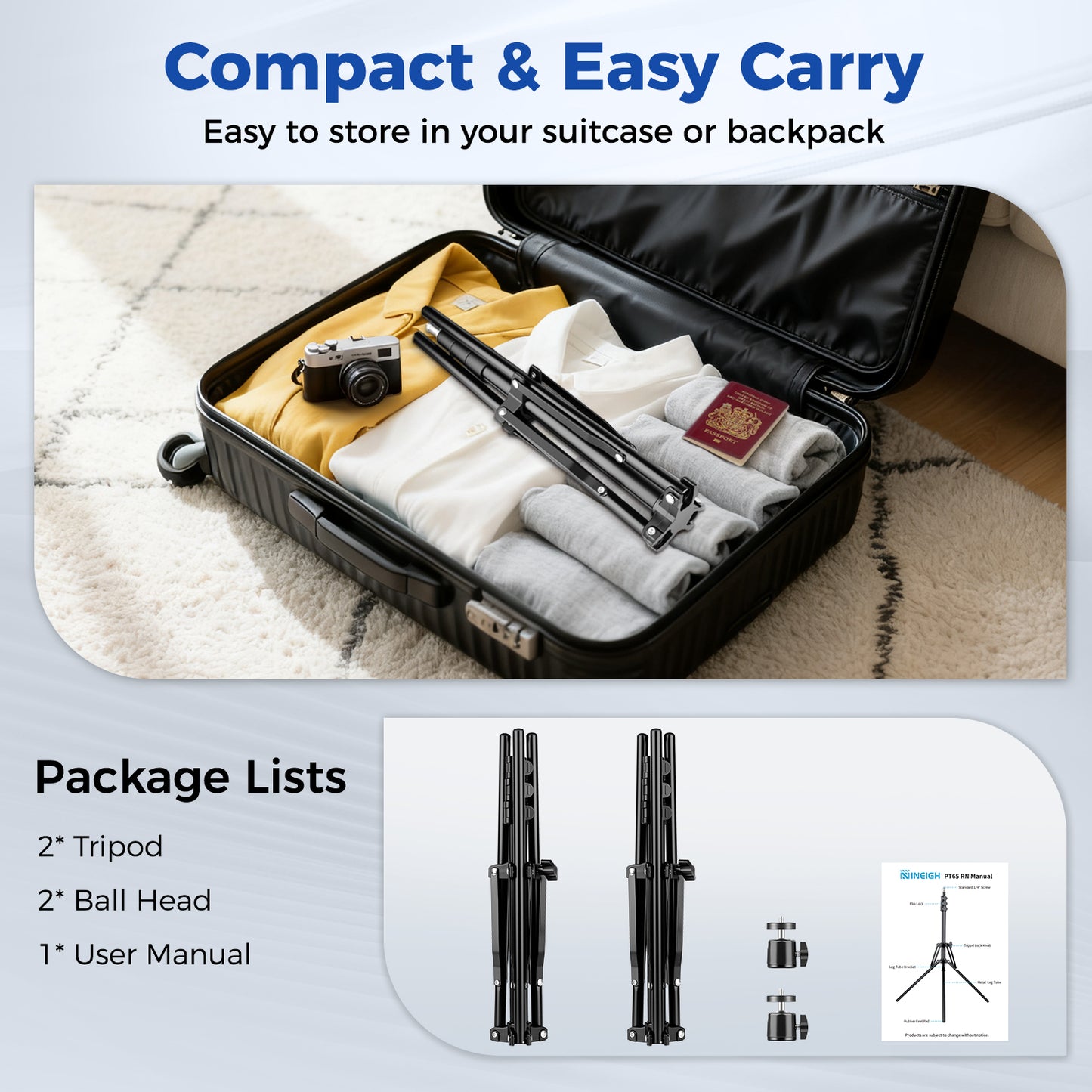 Nineigh Phone Tripod with Ball Head, 65'' Light Stand for Photography with 2 Pack, Reversible and Portable Tripod for Smartphone/Small Camera/Ring Light/Umbrella/Reflector/Softbox(EU))