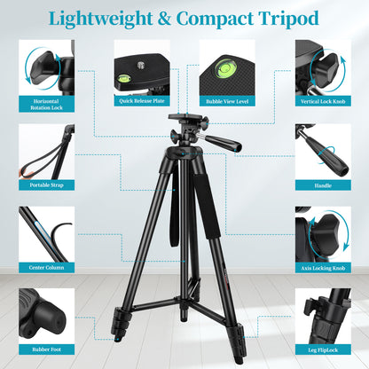 Camera Tripod, 65" Phone Tripod for Camera Cellphone Wireless Remote Selfie Stick, Flexible Aluminum Travel Tripod for Video Recording Vlogging, Compatible with iPhone iPad Canon Nikon DSLR(USA)