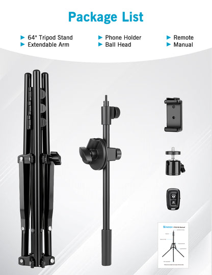 Overhead Tripod for iPhone, 64" Phone Tripod Stand with 25" Long Extendable Arm & Remote, 360° Rotating Overhead Phone Mount for Video Recording, Live Streaming, Cooking（US）