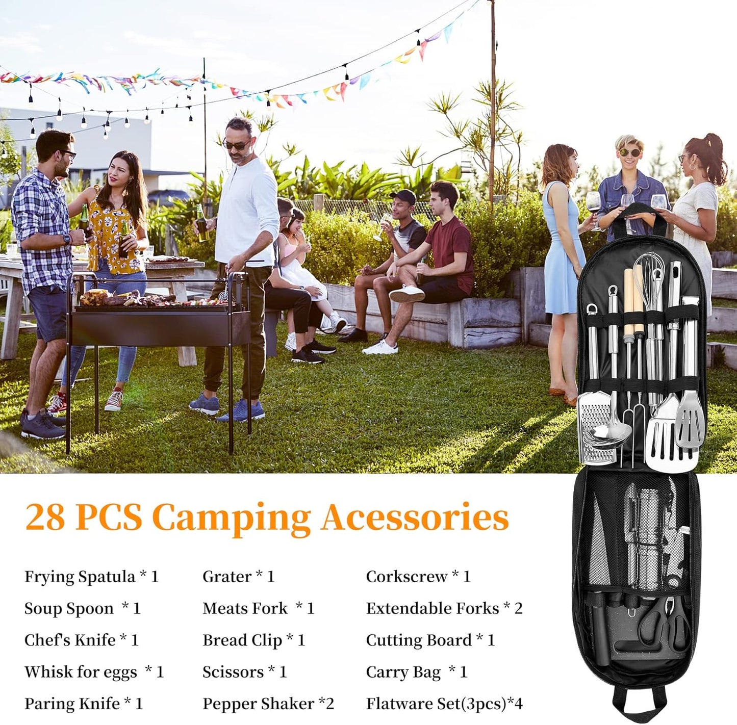 Camping Cooking Utensils Set, Stainless Steel Grill Tools, Camping BBQ Cookware Gear and Equipment for Travel Tenting RV Van Picnic Portable Kitchen Essentials Accessories(US)