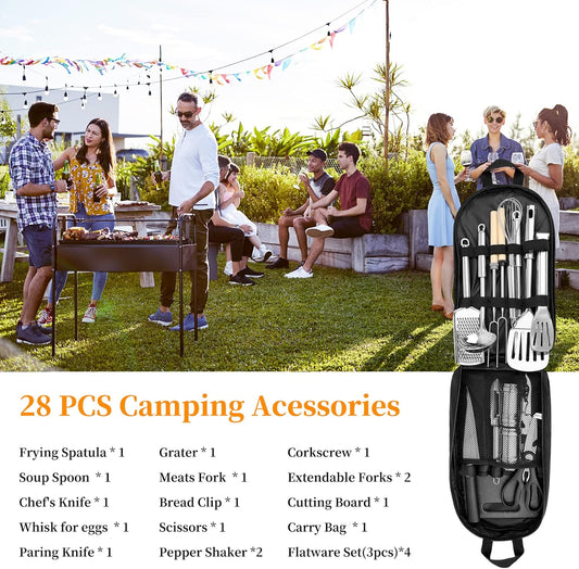 Camping Cooking Utensils Set, Stainless Steel Grill Tools, Camping BBQ Cookware Gear and Equipment for Travel Tenting RV Van Picnic Portable Kitchen Essentials Accessories(US)