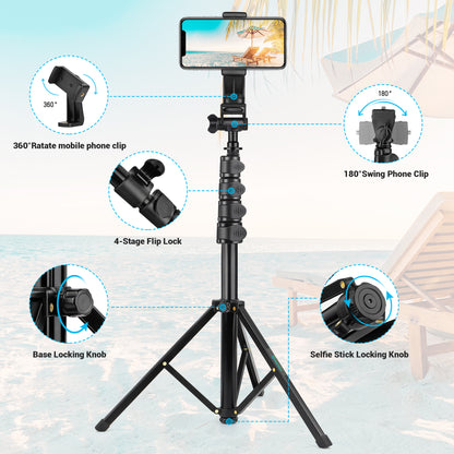 Nineigh Phone Tripod Stand, 72" Selfie Stick Tripod Portable Travel Tripods, Aluminum Hose Phone Stand Tripod for Video Recording Photo Vlog Compatible with iPhone Plus iPad Cellphone Cameras(USA)