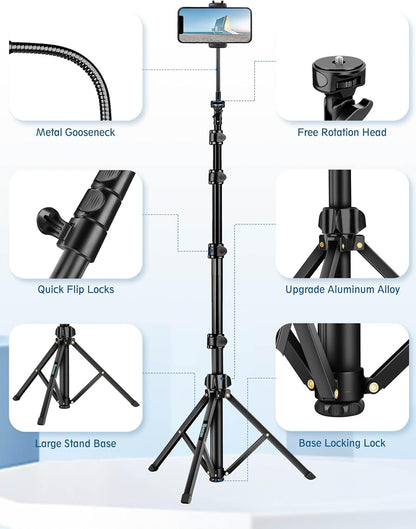 Phone Tripod, 85" Tripod for Cell Phone iPhone with Gooseneck, Aluminum Tripods Stand for Video Recording Photo Vlog, Travel Cellphone Tripod with Remote Compatible with iPhone Android（US）