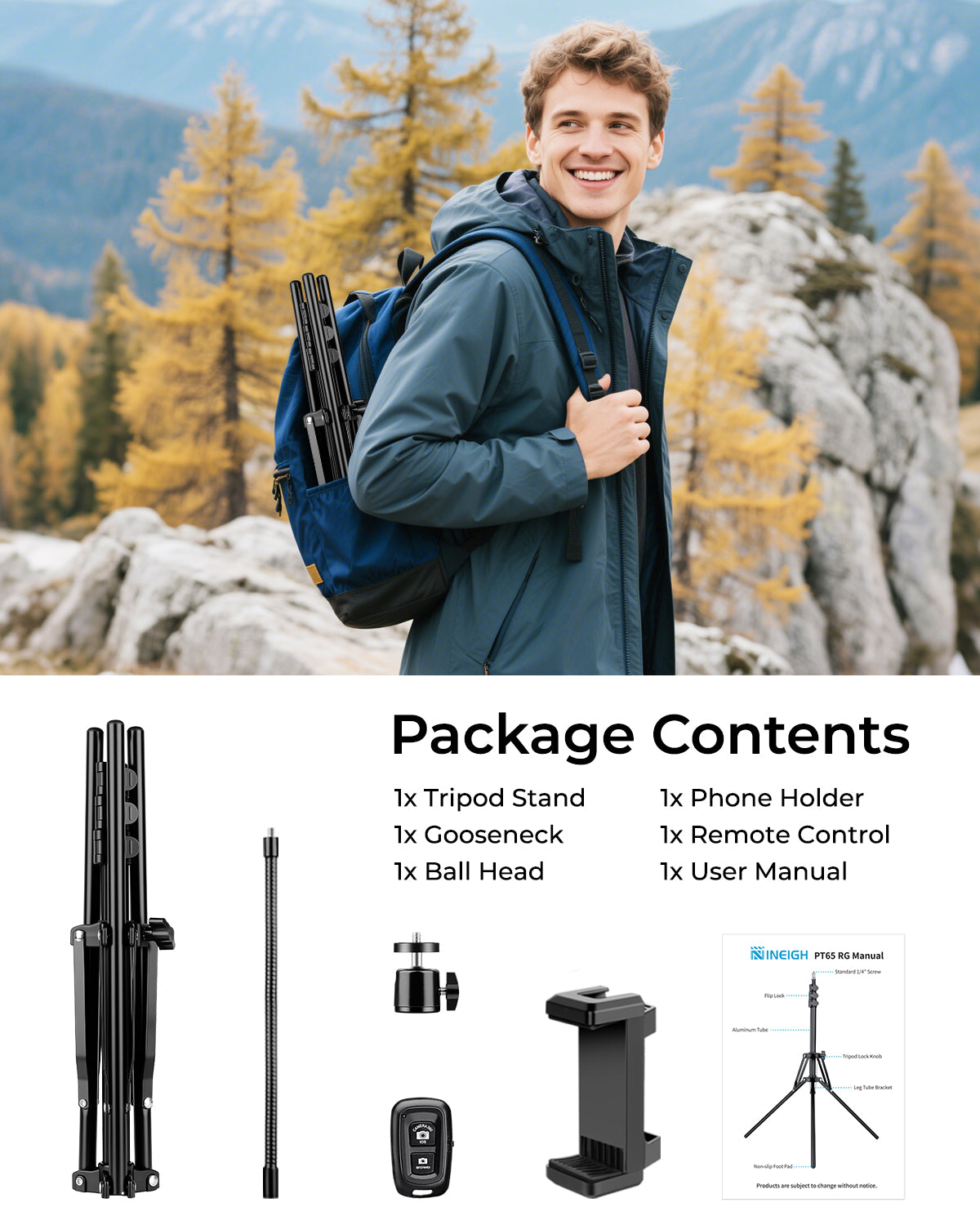79" Tall Tripod for Smarhone, Mobile Phone Tripod with Flexible Gooseneck & Remote, Reverse Folding iPhone Stand for Filming, Compatible with Camera/Ring Light/Small Softbox(EU