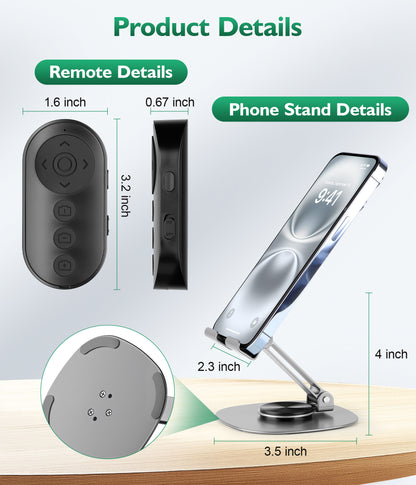 Phone Stand with Remote Wireless Remote Control, Phone Camera Remote Shutter Zoom Front/Rear Camera Switch for iPhone iPad Android Cellphone, Scrolling Remotes for TikTok, Kindle App, Photo, Video(US)