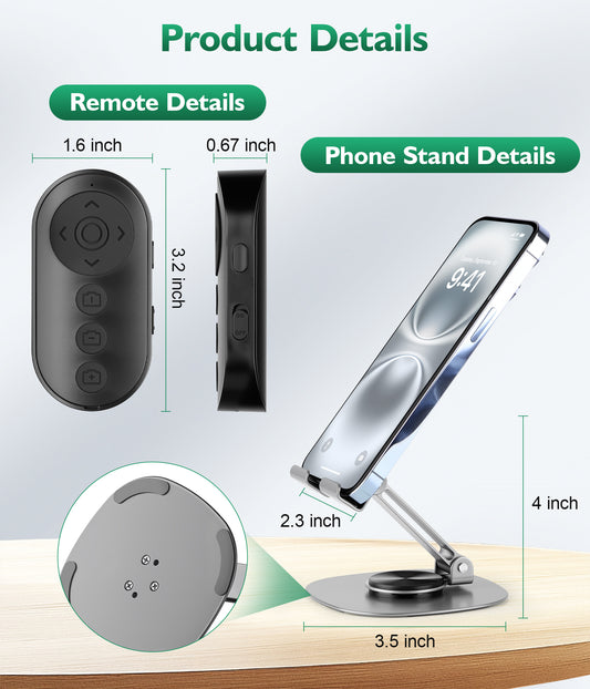 Phone Stand with Remote Wireless Remote Control, Phone Camera Remote Shutter Zoom Front/Rear Camera Switch for iPhone iPad Android Cellphone, Scrolling Remotes for TikTok, Kindle App, Photo, Video(US)