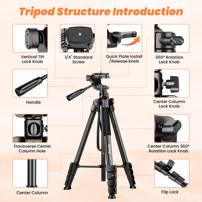 Camera Phone Tripod, 75'' Lightweight DSLR Camera Stand with 3 Way Pan Head, Horizontal Tripod for Smartphone with Remote and Carry Bag for Travel Video Photography YouTube Vlog(EU