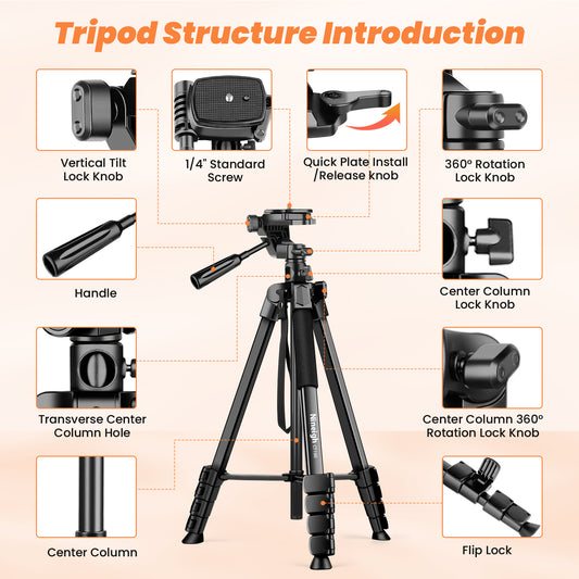 Camera Phone Tripod, 75'' Lightweight DSLR Camera Stand with 3 Way Pan Head, Horizontal Tripod for Smartphone with Remote and Carry Bag for Travel Video Photography YouTube Vlog(EU