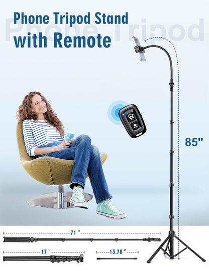Selfie Stick Tripod, 85" Phone Tripod, Aluminum Tripod Stand for Video Recording Photo Vlog, Travel Cell Phone Tripod with Gooseneck/Remote/Phone Holder, Compatible with iPhone Android Smartphone(USA)